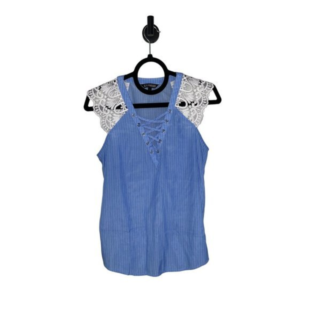 Express Sleeveless Blouse Top Womens Small Blue Lace Shoulder Casual‎ Ladies